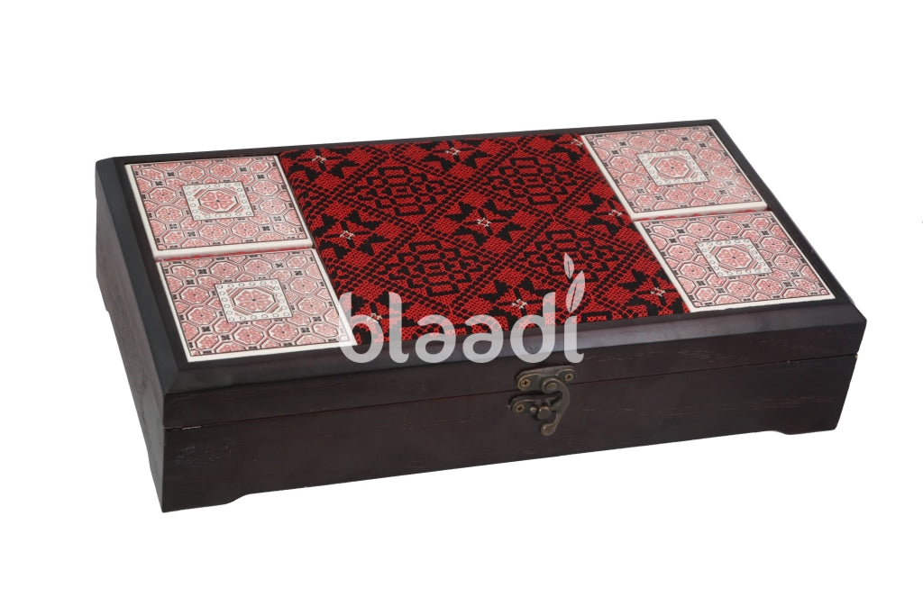 Large Palestinian Embroidered Black Wooden Box With Ceramic