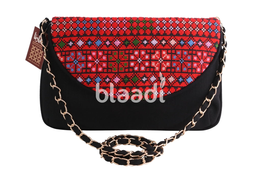 One Sided Palestinian Embroidered Black Fabric Clutch Bag