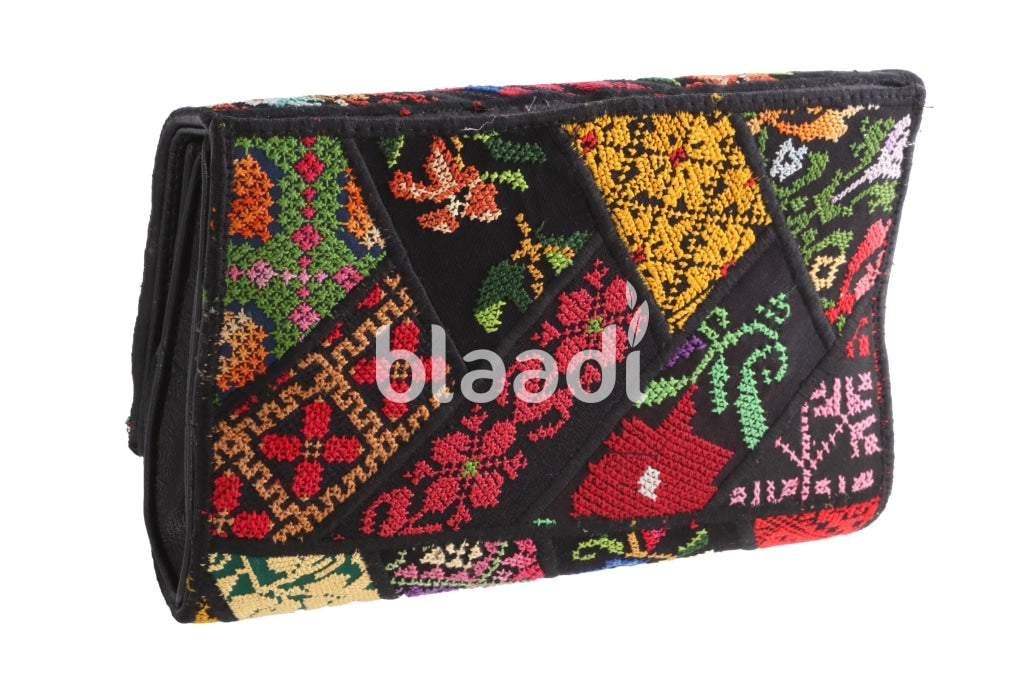 Palestinian Embroidered Black Leather Clutch Bag